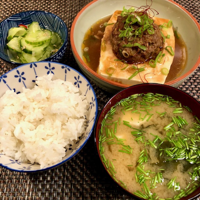 Microwave cooked tofu with meat - Japanese dinner