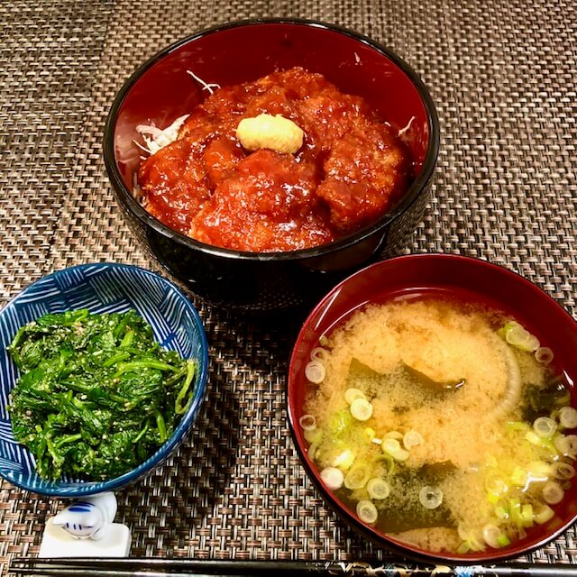 Sauce katsu don - goma ae, and miso soup